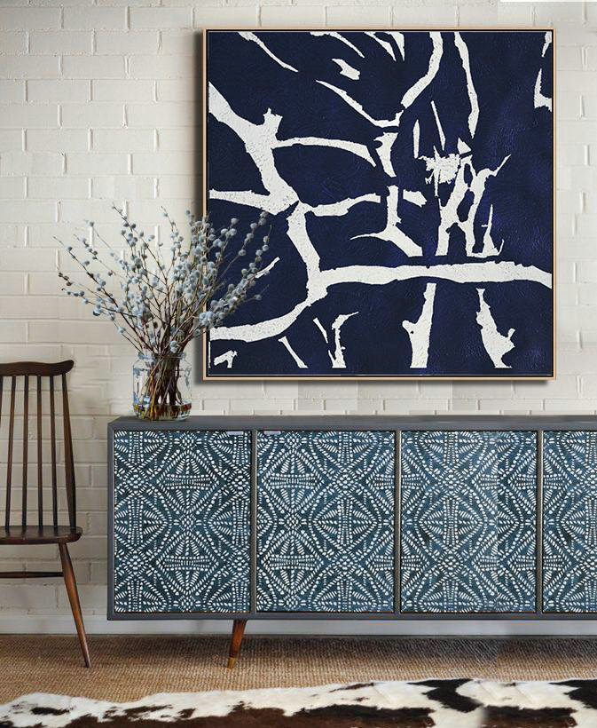 Original Art Acrylic Painting,Minimalist Navy Blue And White Painting,Original Abstract Painting Canvas Art